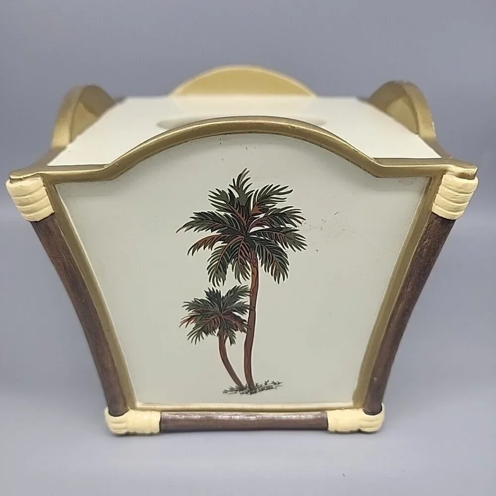 Wamsutta Palm Tree Tissue Box Cover Holder Ivory Gold Green Tropical